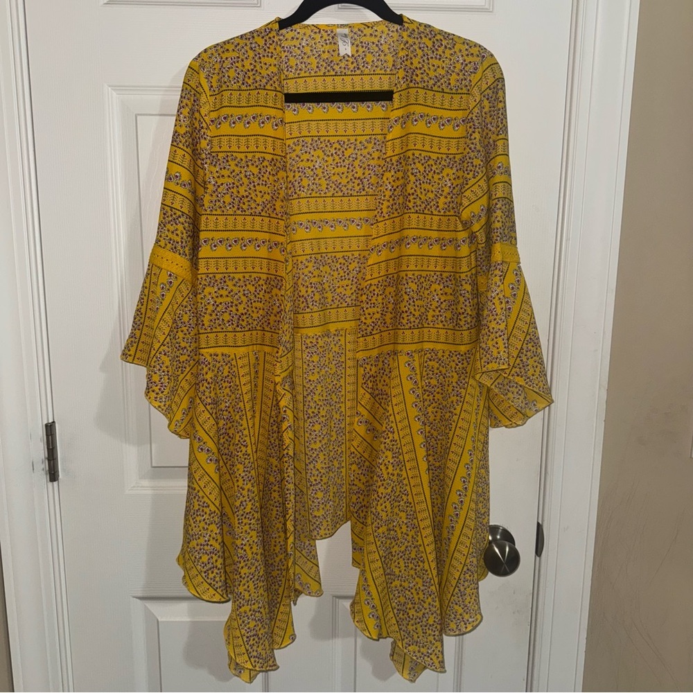 L‎ Love Yellow Floral Bell Sleeve Kimono Cardigan Crochet Lace Trim Small Boho